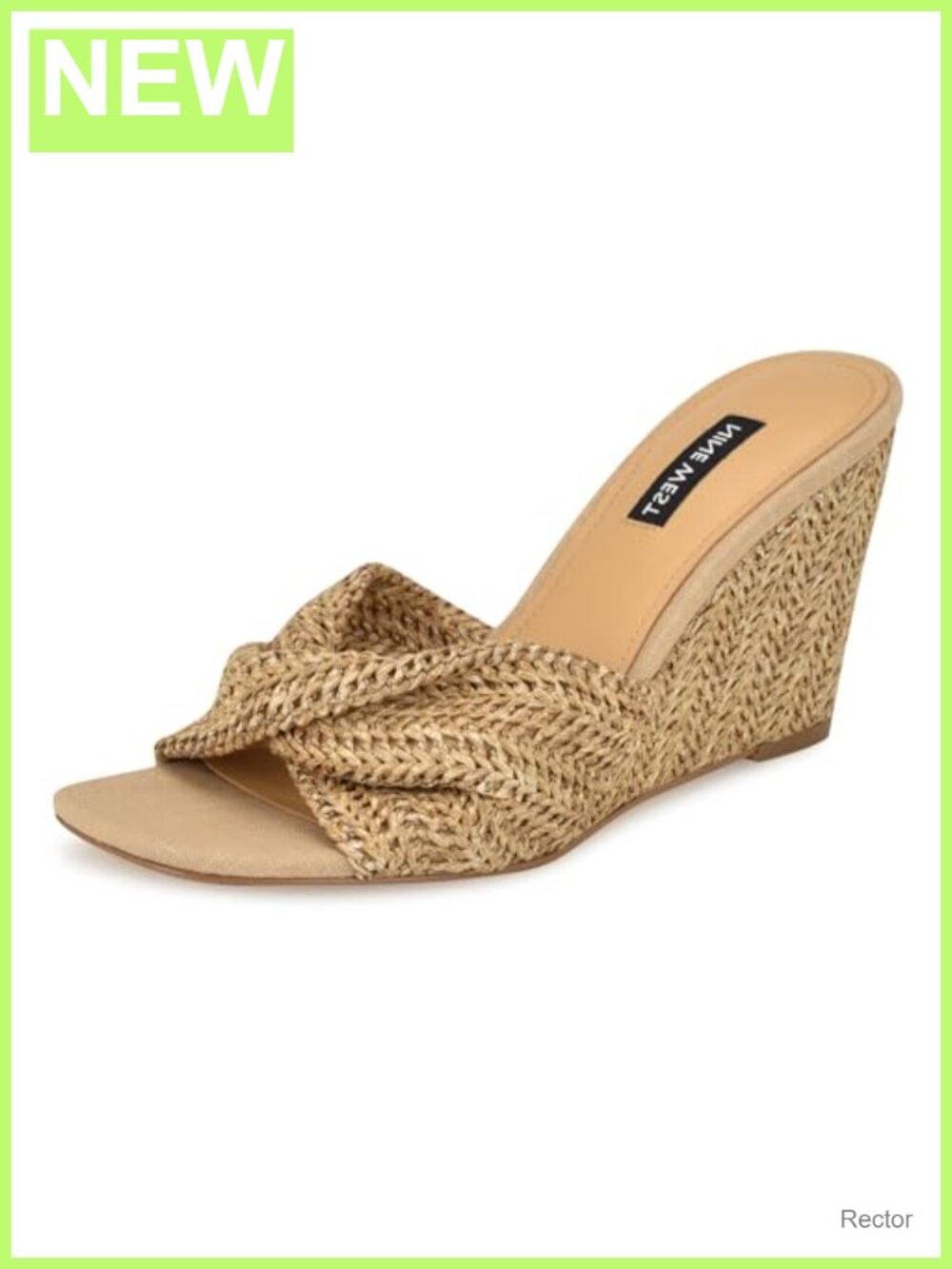 Nine West Wedge Sandals Women's Square Toe Woven Raffia Slip On 3.31in Heel